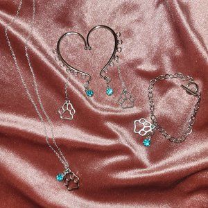 Dog/Cat Paw Jewelry Set with Cuff Earrings, Necklace & Bracelet in Aqua & Silver